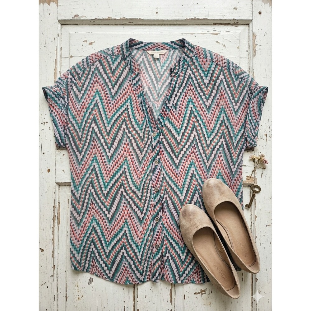 Olive & Oak Womens Y2K Boho Chevron Zigzag Button‎ Down Sheer Blouse Size Large